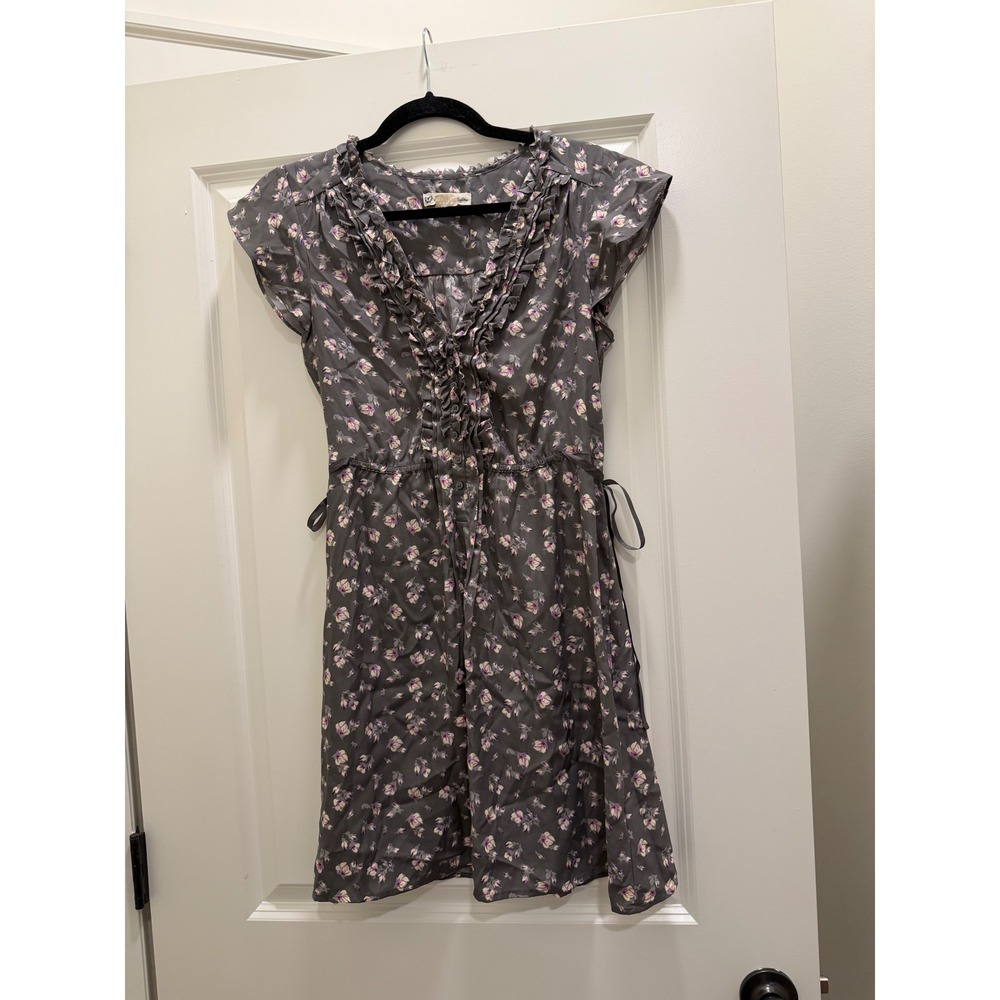 American Eagle Outfitters Floral Ruffle V-Neck Mini Dress Gray Purple Small